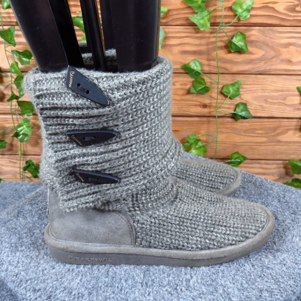 Bearpaw Knit Tall Women Shoes Size 7 Winter Cold Weather Gray Knit Suede Boot
